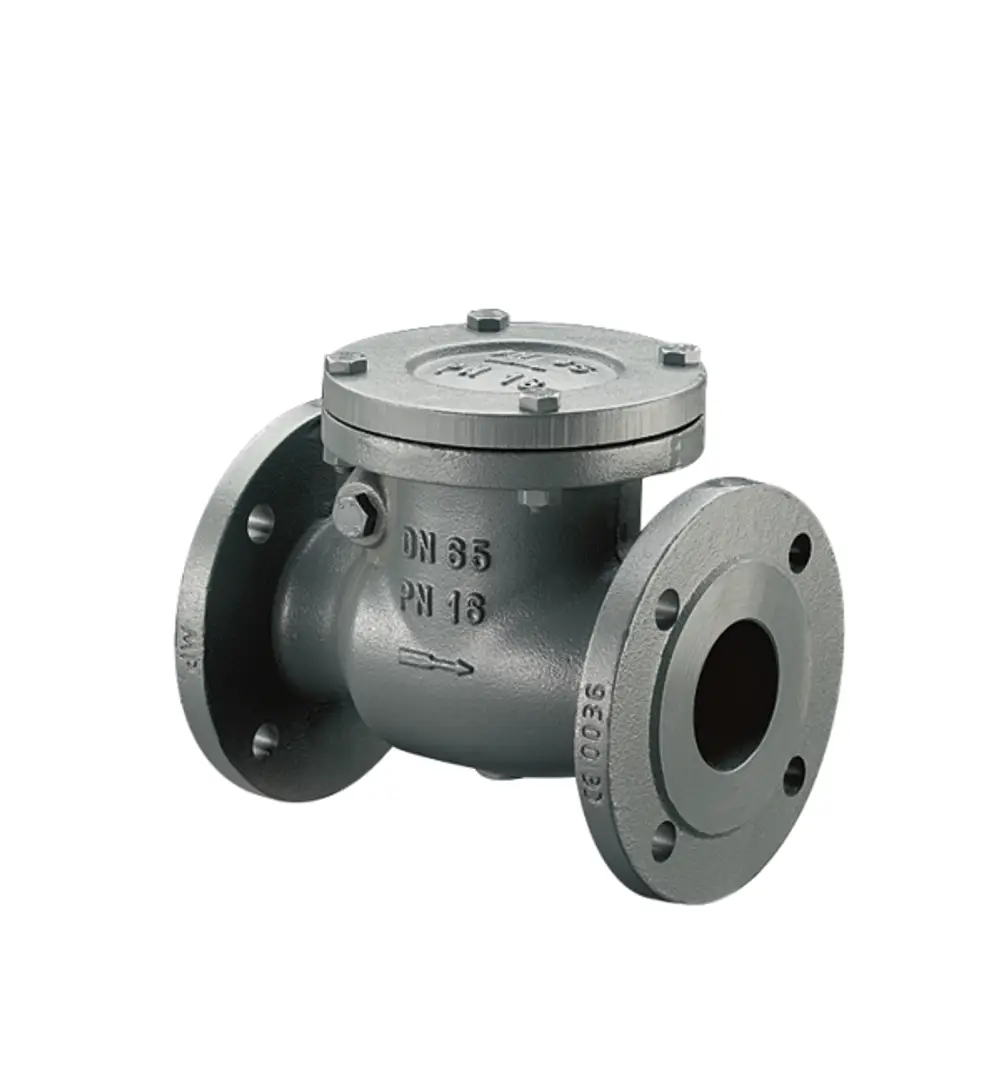 Grauguss-Rückschlagklappe mit Flanschen, ausgeführt nach EN 1092-2. Oventrop-Produkt, geeignet zur Verhinderung von Rückflüssen in Rohrleitungssystemen.